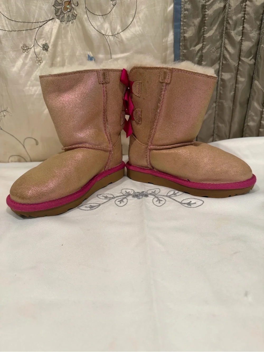 UGG Pink Trim Tan Shearling Kids Boots